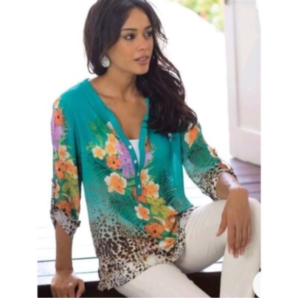 Soft Surroundings Tunic Top Tropical Floral Semi Sheer Blouse Roll-tab Sleeve M